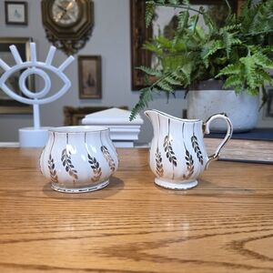 Vintage Sadler England White & Gold Wheat Creamer and Open Sugar Bowl Set